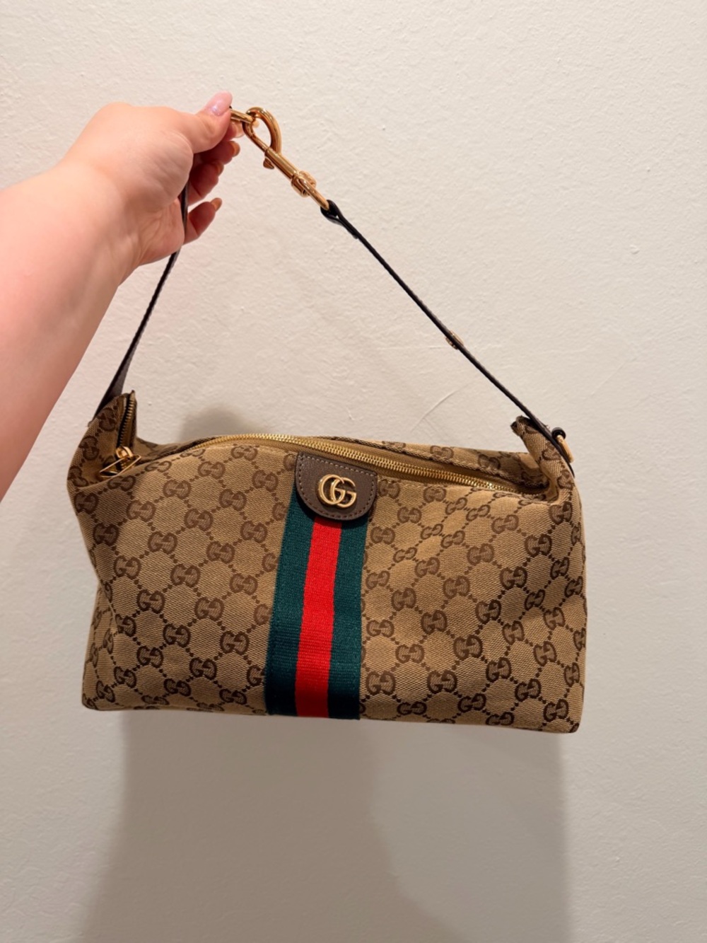 Gucci Beige GG Canvas Shoulder Bag with Green-Red Web Stripe